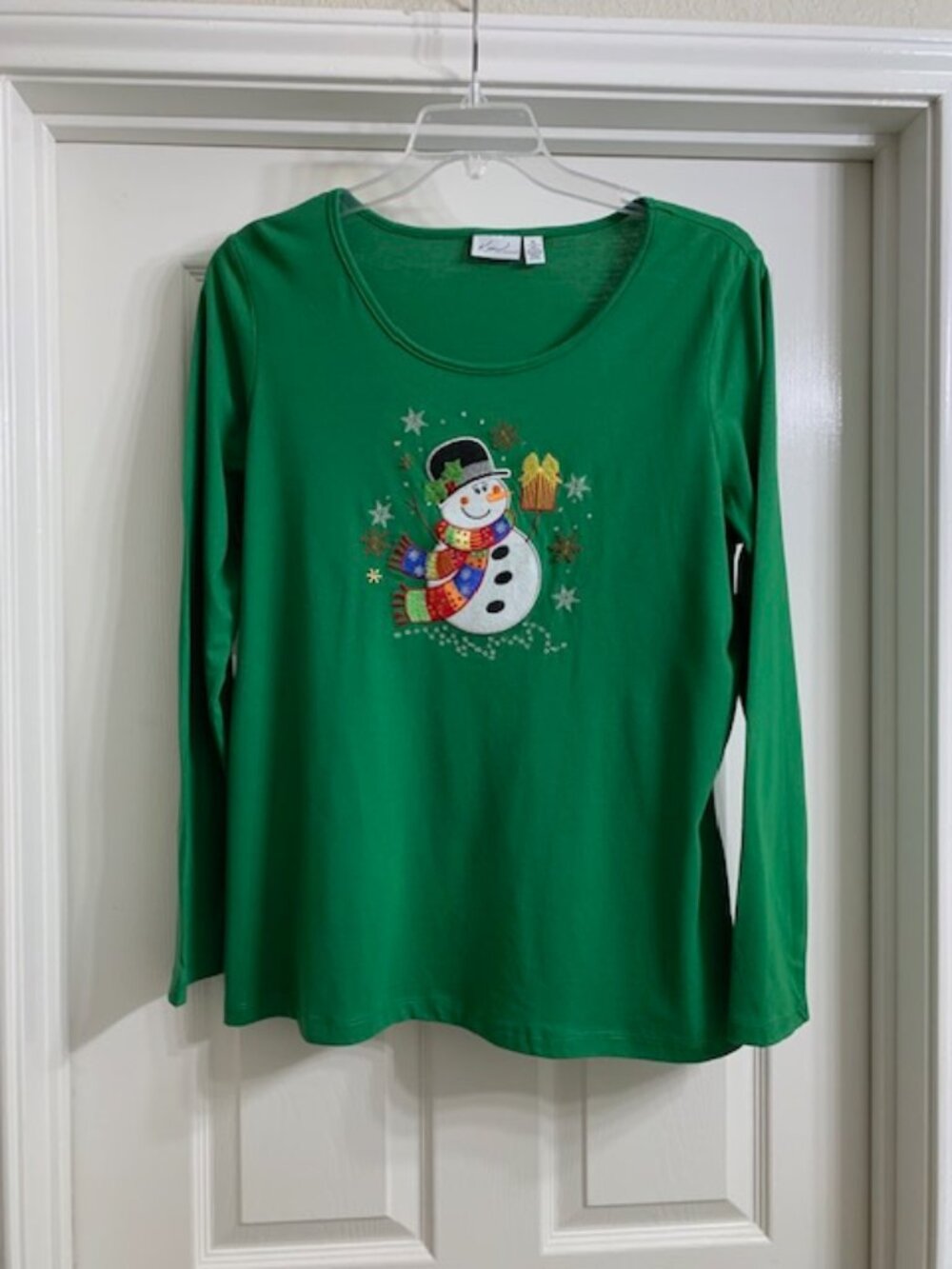 Kim Rogers Brand Women's Green Long Sleeve Snowman Shirt, Size XL